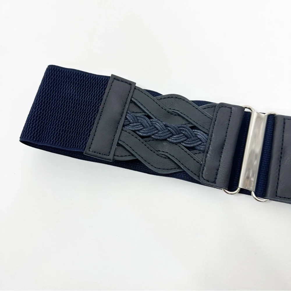 2/$30 NEW Elastic Wide Waist Belt Braided Navy Blue